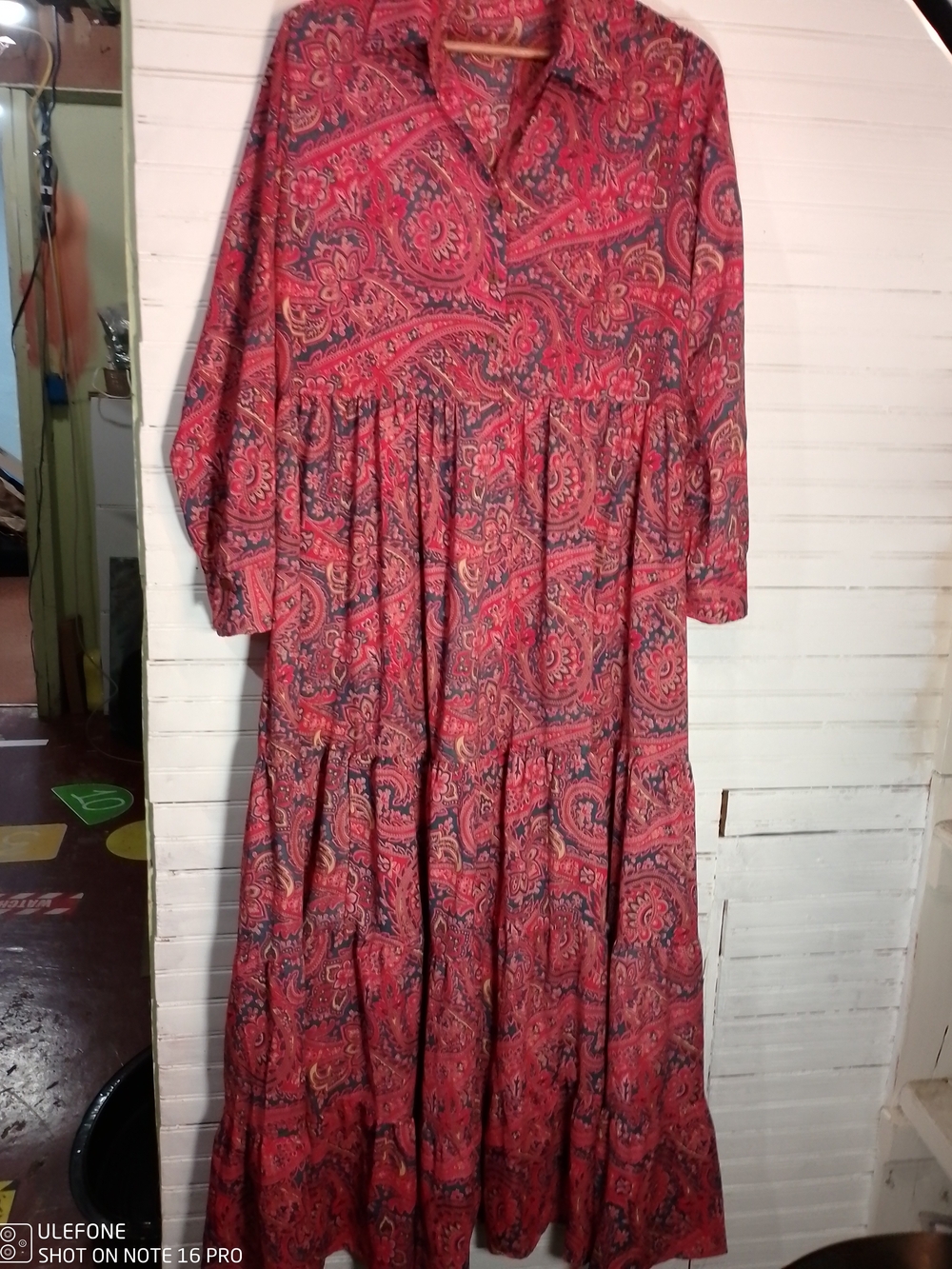 Boho Red Paisley Tiered Long-Sleeve Maxi Dress